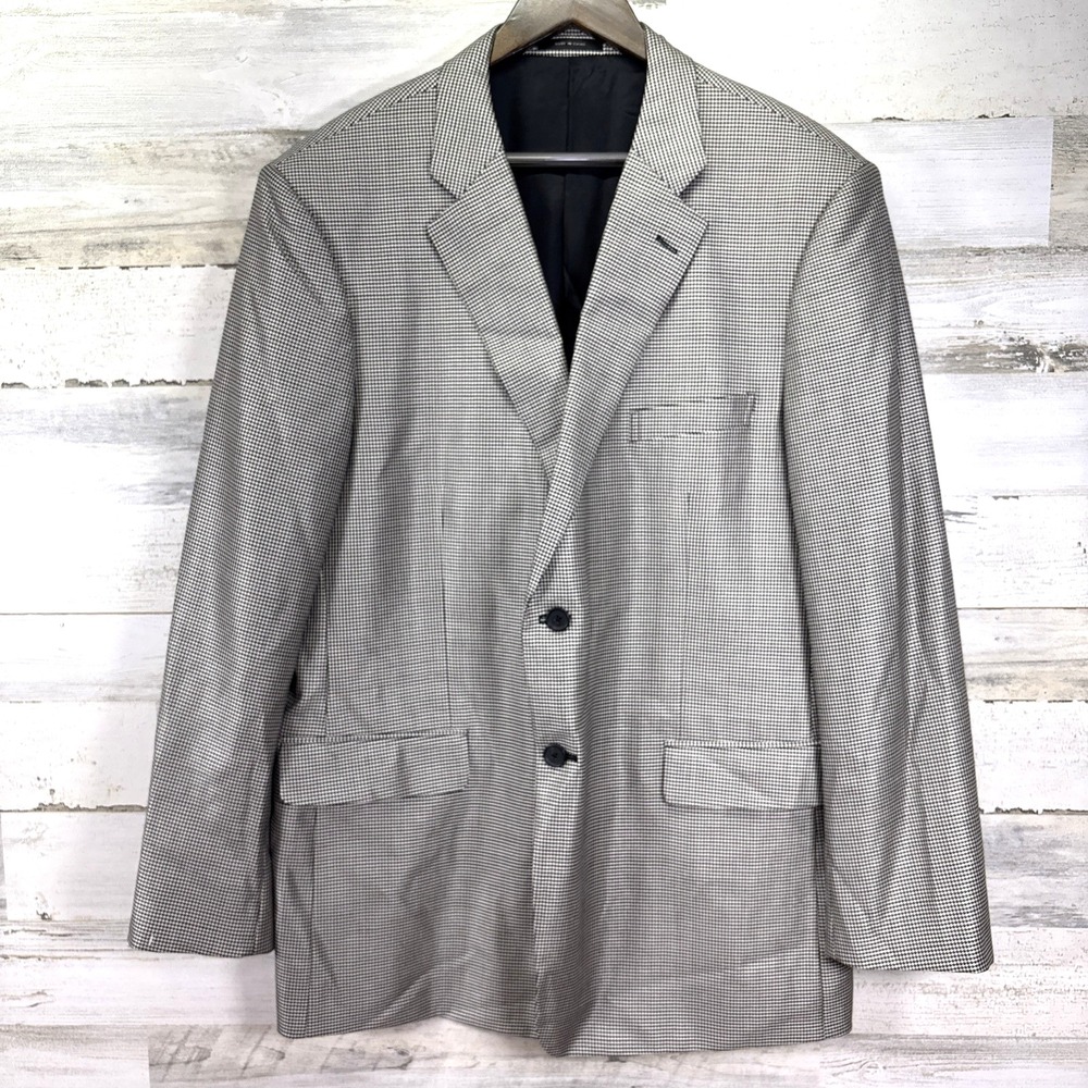 John W Nordstrom Black Houndstooth Loro Piana Super 120s Wool &‎ Silk Jacket 46R